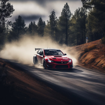 Race car make a turn with the clouds and splashes of sand, gravel and dust during rally championshipの素材