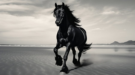 A high end portrait of horse, raising puffs of sandy dust. White and black portrait of a luxury horse with a fluttering mane. Generative Aiの素材