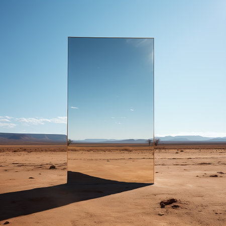 Desert landscape with sand water and spiral mirror under the clear blue sky. Ai Generatedの素材