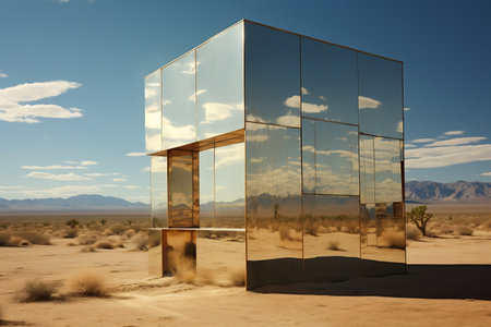 Desert landscape with sand water and square mirror under the clear blue skyの素材
