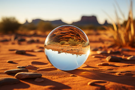 Desert landscape with sand water and spiral mirror under the clear blue sky. Ai Generatedの素材