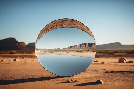 Desert landscape with sand water and spiral mirror under the clear blue sky. Ai Generatedの素材