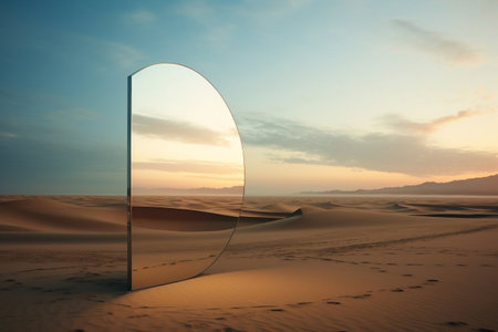 Desert landscape with sand water and square mirror under the clear blue skyの素材