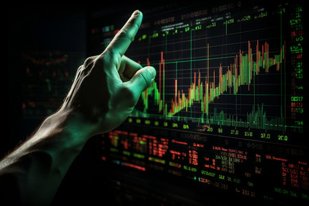 Red and green candlestick chart and data.の素材