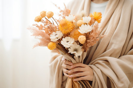 Rays of Spring: A Beautiful Woman and Her Bouquet of Bloomsの素材