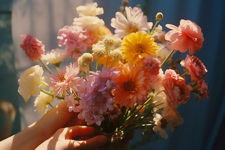 Captivating Woman Holds a Colorful Flowers Bouquetの素材