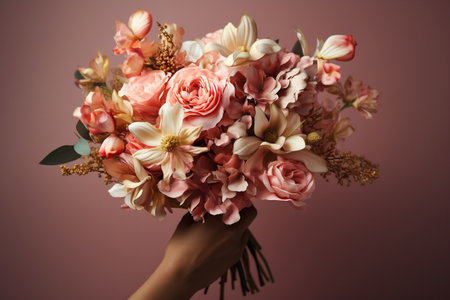 Woman Holding a Bouquet of Stunning Flowers on a Light Background. Ample Space for Text.の素材