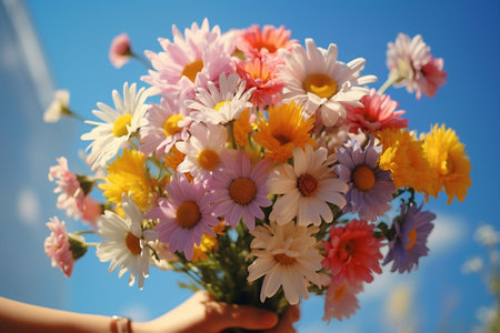 Woman Holding a Bouquet of Stunning Flowers on a Light Background. Ample Space for Text.の素材