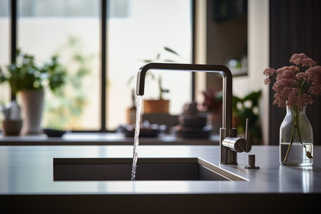 Modern Kitchen and Water Flowing From The Tap.の素材