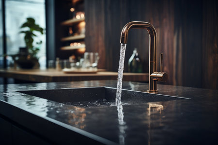 Modern Kitchen and Water Flowing From The Tap.の素材