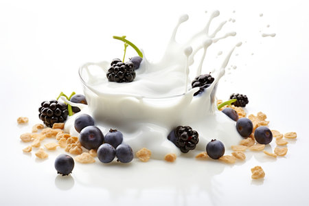 Yogurt with Berries Isolated on White, Generative AIの素材