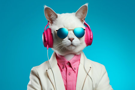 Imaginary Character with Cat Head Wearing Sunglasses and Trendy Attireの素材