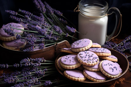 Lavender-flavored cupcakes adorned with delicate lavender petals. A celebration of the soothing and aromatic qualities of lavenderの素材