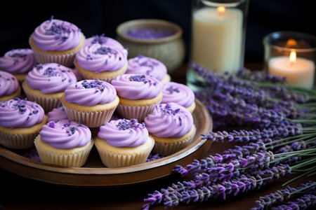 Lavender-flavored cupcakes adorned with delicate lavender petals. A celebration of the soothing and aromatic qualities of lavenderの素材