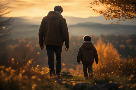 father and son walking on a mountainの素材