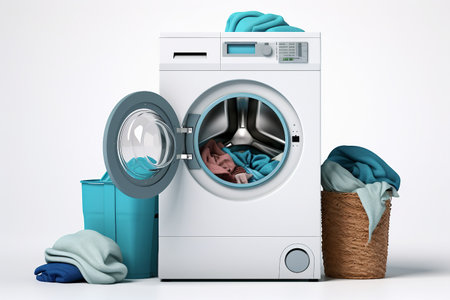 Contemporary Washing Machine and Fresh Laundry isolated on a transparent backgroundの素材