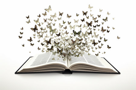 Open Book Transforms into Beautiful Butterflies isolated on a transparent backgroundの素材