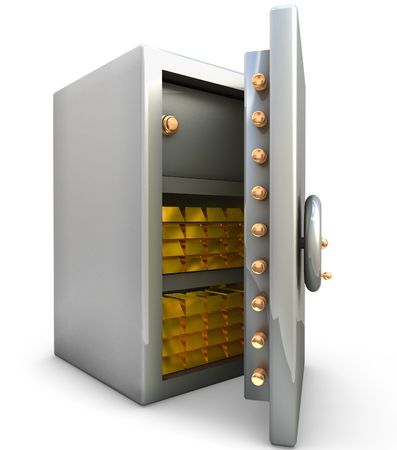 Safe with gold bar on white backgroundの写真素材