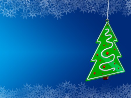 Christmas tree on blue background with snowflake bordersの写真素材