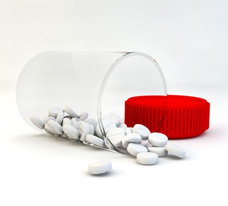 Bottle for tablets on white background With red cap.  3D imageの写真素材