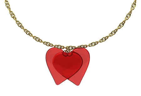 2 transparent bound hearts with a gold chain on white background isolatedの写真素材