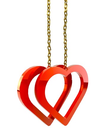 Two bound  hearts with a gold chain on white background isolatedの写真素材
