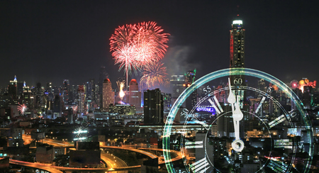 Happy new year and firework at Bangkok central city, Thailand.の写真素材