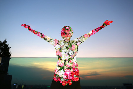 Female and Roses flower in double exposure on roof background, Valentines day or love concept.の写真素材