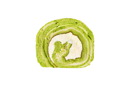 Matcha green tea yam roll cake isolated on white backgroundの写真素材