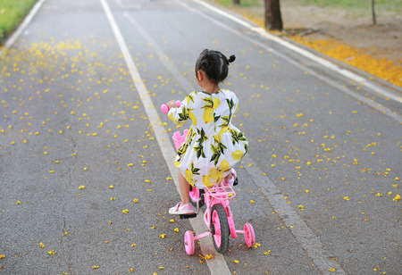 Cute little child girl riding bike in park. rear view.の写真素材