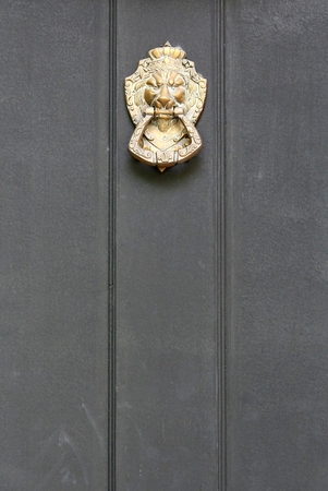 An antique metal knocker on a wooden doorの写真素材