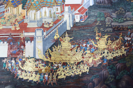 Traditional Thai painting art about Ramayana story on display at the temple wall Wat Prakaewのeditorial素材