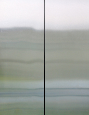 Closed metal elevator doors.