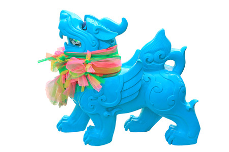 Cyan Imperial Chinese lion statue isolated on white background.