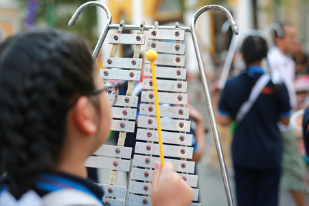 Students playing bell lyra marching band the music you learned in high school.の写真素材