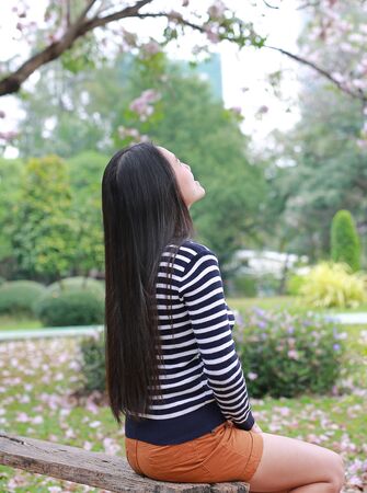 Back of Asian woman sitting on wood bench in the garden outdoor with looking up.の写真素材