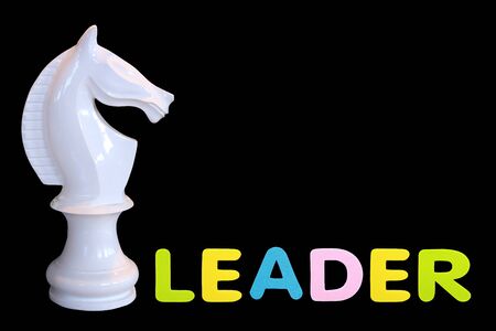Alphabet sponge rubber of text "LEADER" with white horse chess isolated over black background. Business and leader conceptの写真素材