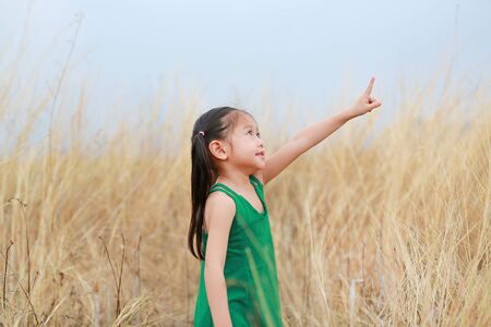 Cute little child girl pointing up in summer field outdoor. Freedom style.の写真素材