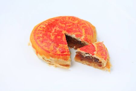 Traditional Chinese pastry or moon cake with lucky word printed on top isolated on white background.の写真素材
