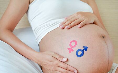 Pregnant woman with painted gender symbols on bare tummy.の写真素材