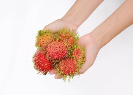 Hand holding Rambutans fruit on white background.の写真素材