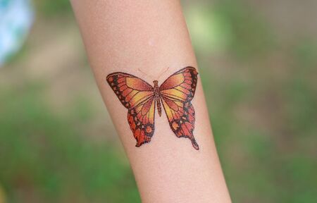 Butterfly Sticker on child hand, Dress up fake tattoos.の写真素材