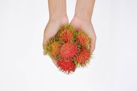 Hand holding Rambutans fruit on white background.の写真素材