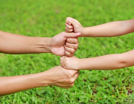mother and daughter hands in the gardenの写真素材