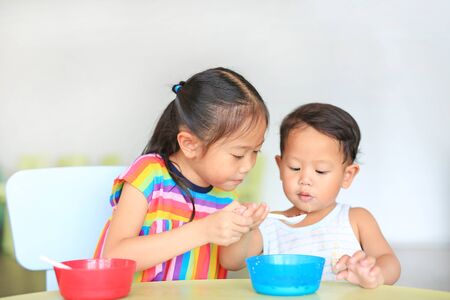 Adorable little Asian sister and her little brother eating cereal with cornflakes and milk together...