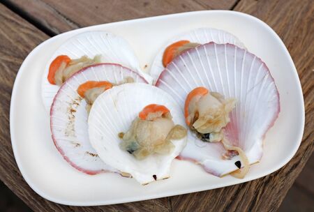 Fresh scallop shell on white plate against grille and wood