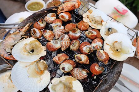 Seafood barbecue grilling on charcoal stove