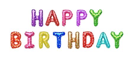 Happy Birthday colorful inflatable balloons isolated on white background. Decoration for birthday party.の写真素材