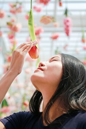 Female sniff flowers on a sunny day. Surrounds the flowering.の写真素材