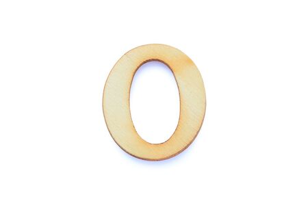 Alphabet letter wooden font with shadow isolated over white background. English flat wood character O.の写真素材